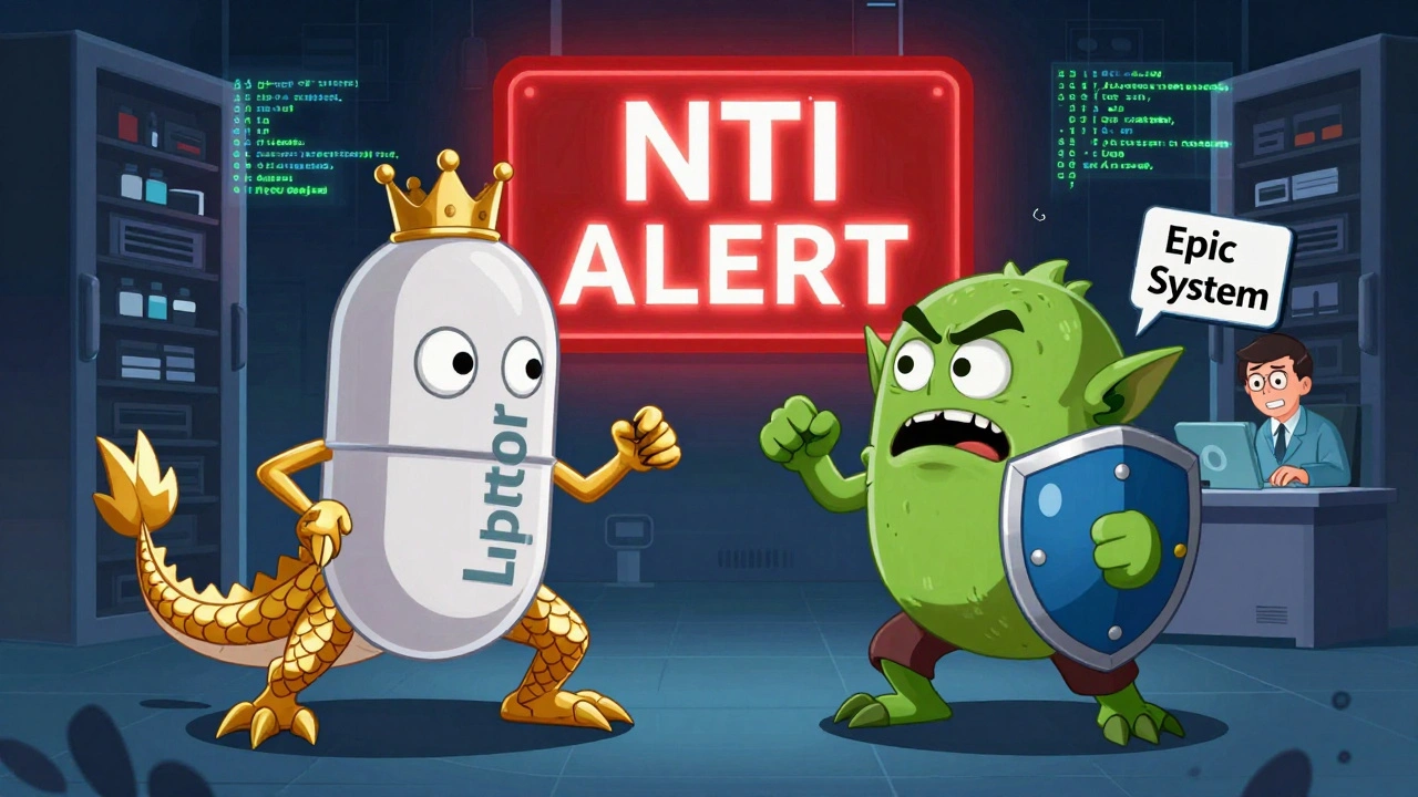 Branded dragon and generic goblin battling in a pharmacy server room with NTI alert