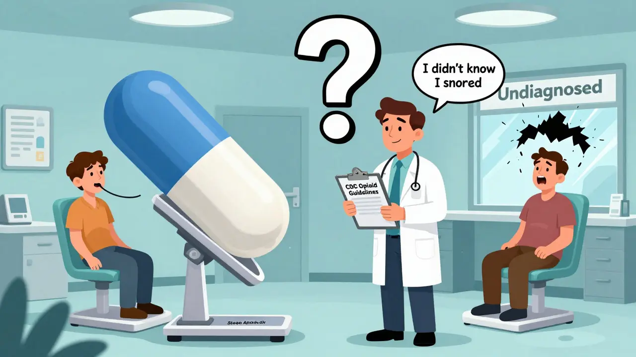 Doctor examining patients with exaggerated sleep apnea risk factors like giant pills and snoring shockwaves in cartoon clinic.
