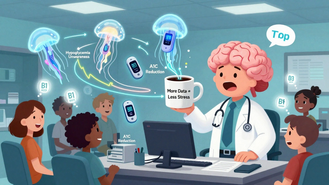 Floating CGM sensors in a surreal doctor&#039;s office, trend lines forming shapes, cartoon style with exaggerated expressions.