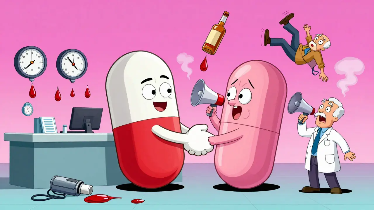 Giant pills shaking hands at a pharmacy counter while blood pressure gauges plummet.