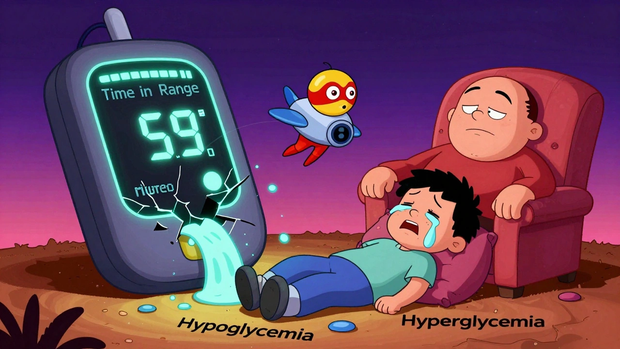 GMI superhero rescuing patient from glucose danger while A1C villain sleeps in an armchair.