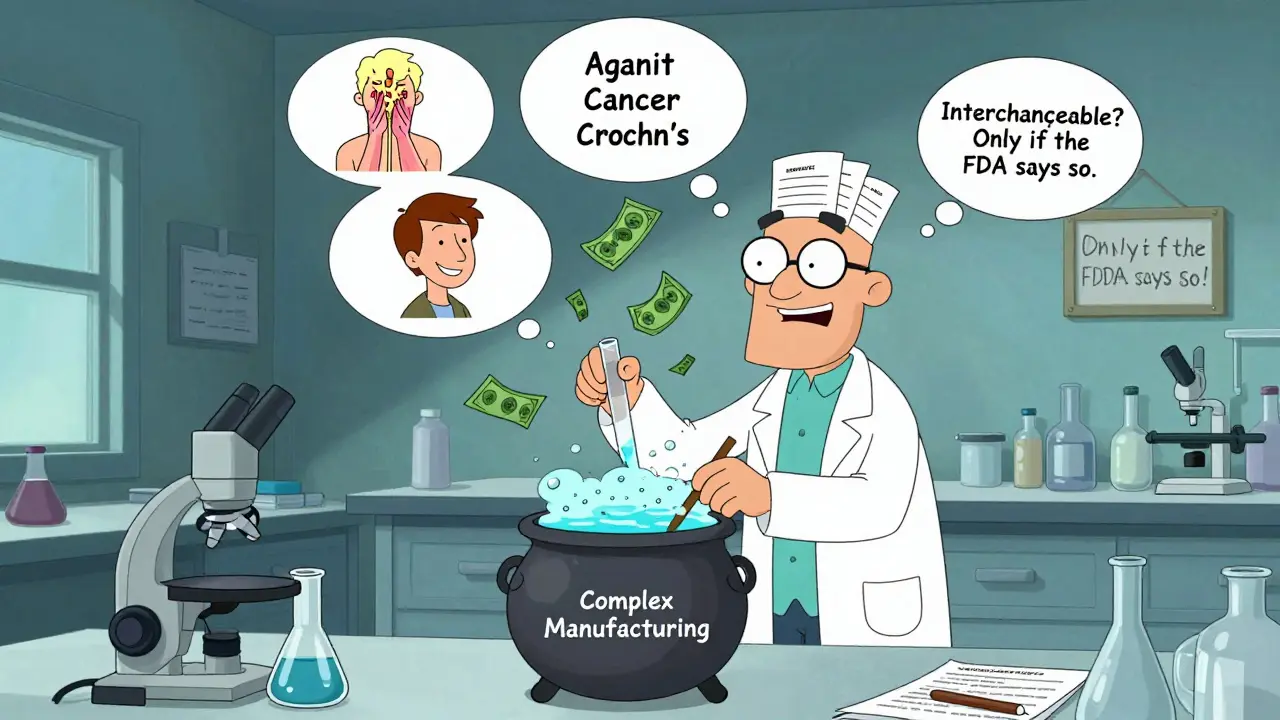 Mad scientist mixing biologic drug in lab while patients smile and money rains down.