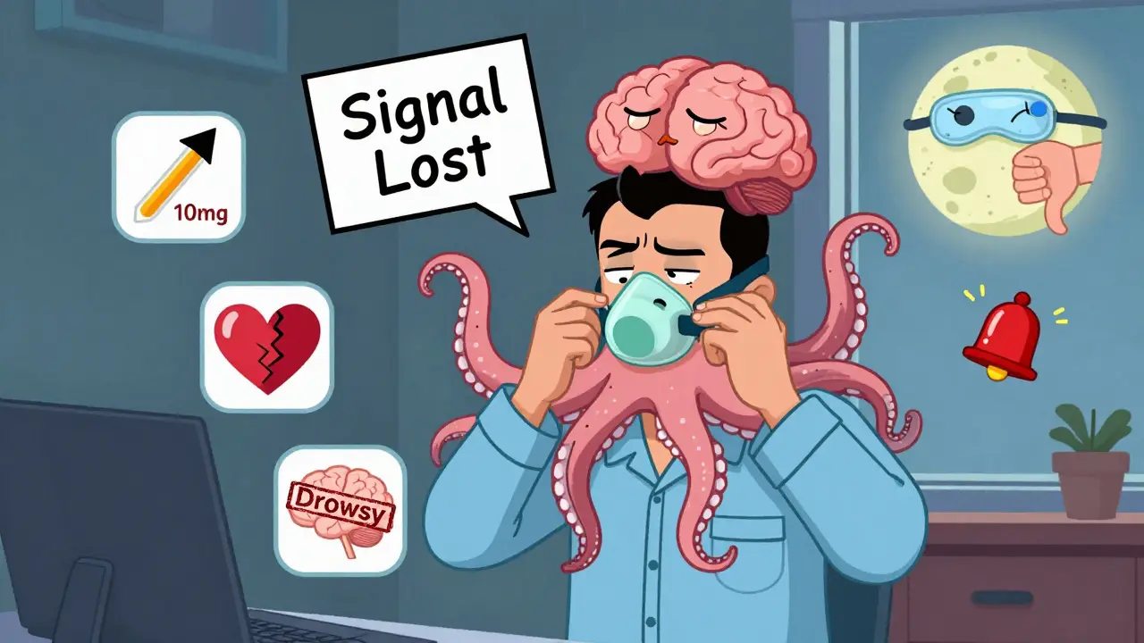 Man struggling with a CPAP mask that turns into an octopus, while his brain signals fail in dark surreal cartoon scene.