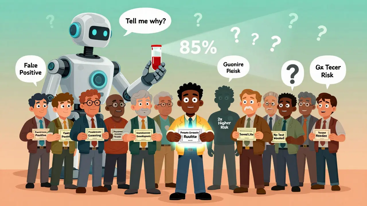 Men in line holding lottery tickets for PSA outcomes, with an African American man’s ticket glowing brighter under AI scanning.