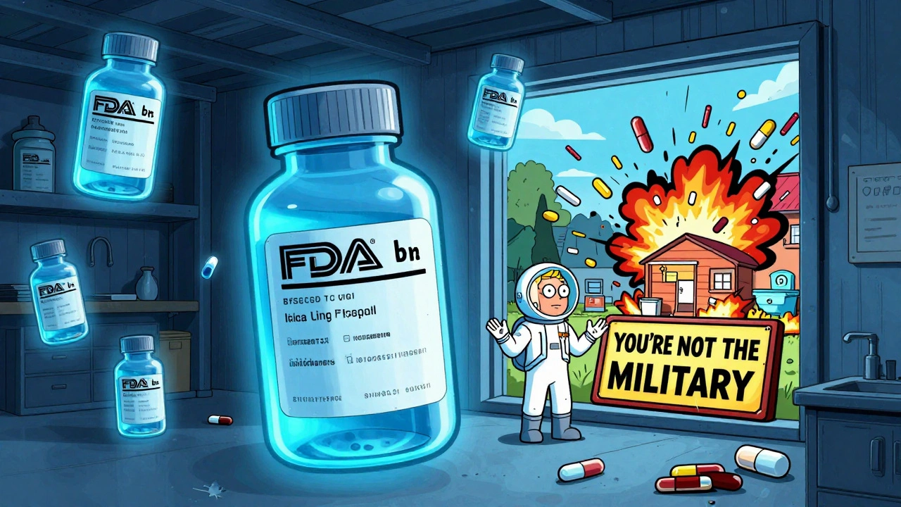 Military stockpiles of expired meds glowing in a warehouse while suburban homes spew out expired drugs.