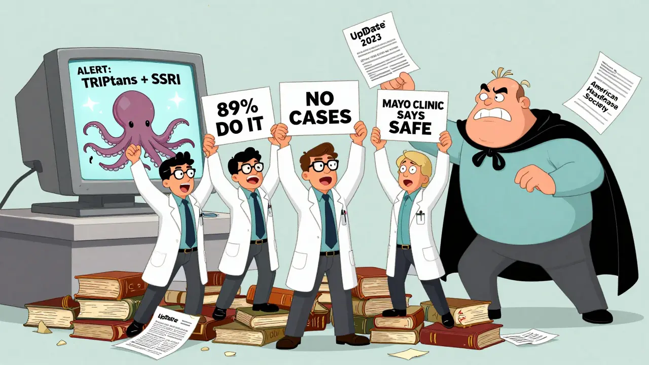 Neurologists standing on crumbling textbooks, defeating a pharmacist with research papers as a friendly octopus eats a broken alert screen.