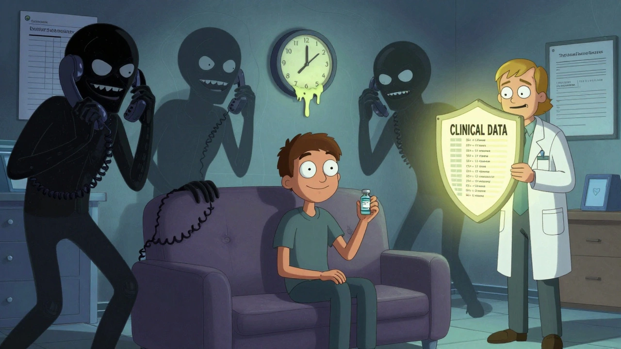 Patient clutching Ocrevus vial surrounded by giant administrative forms and phone cords, doctor holds up a glowing clinical data shield.