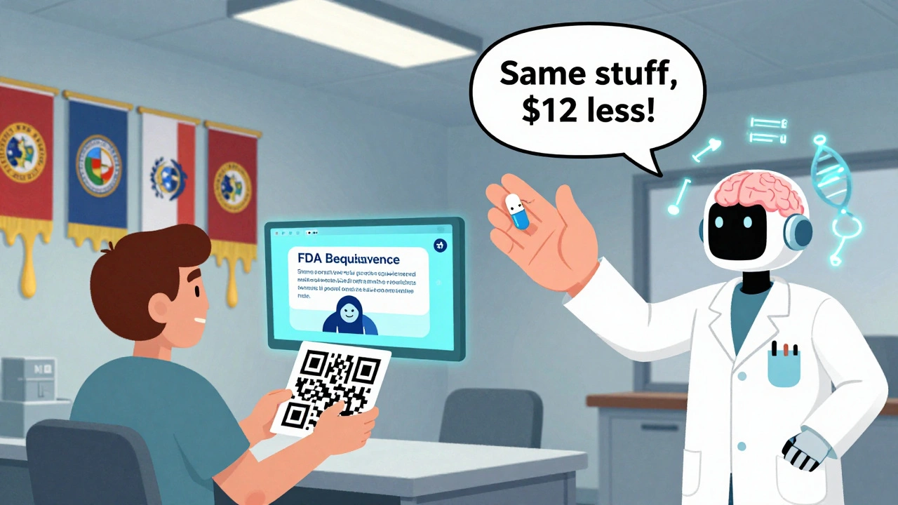 Patient holding QR code showing FDA video as giant pharmacist offers affordable generic pill