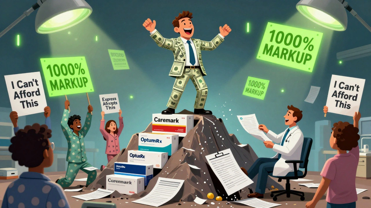 PBM executive on a mountain of drug boxes laughing as a doctor falls into paperwork, patients hold &#039;I Can&#039;t Afford This&#039; signs.