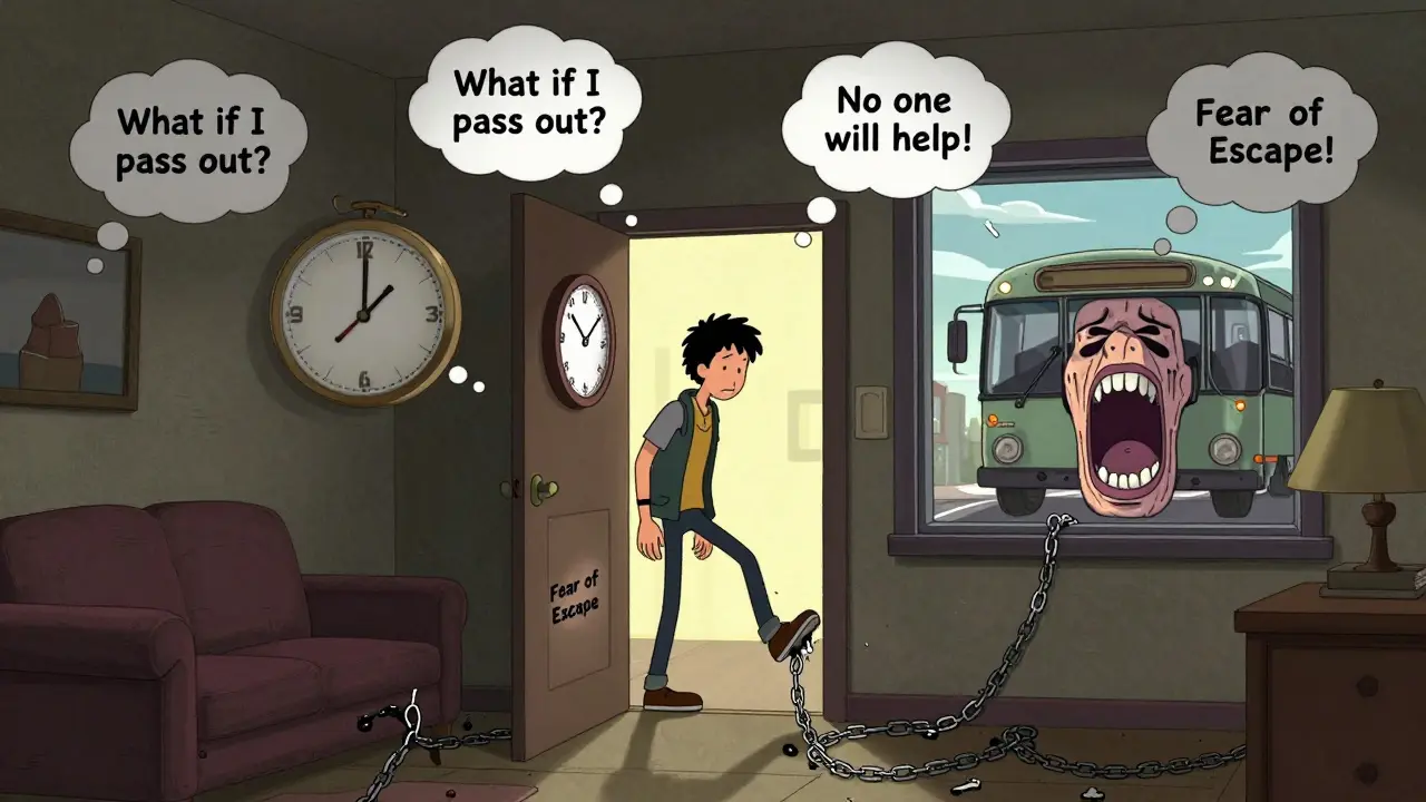 Someone frozen at a door, surrounded by floating fear thoughts and chains labeled 'Fear of Escape'.