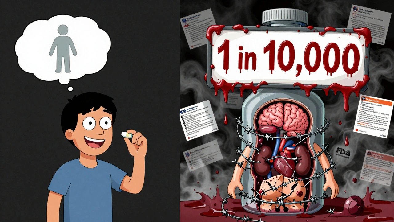 Split image: healthy person taking a pill vs. their body cracked open with clots blocking organs, giant quinine bottle looming overhead.