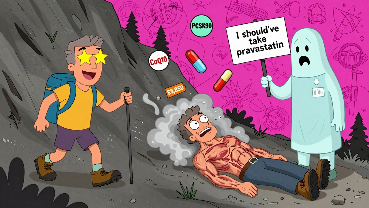 Split scene: a hiker joyfully walks downhill on one side, collapses into muscle smoke on the other, with medical alternatives floating nearby.