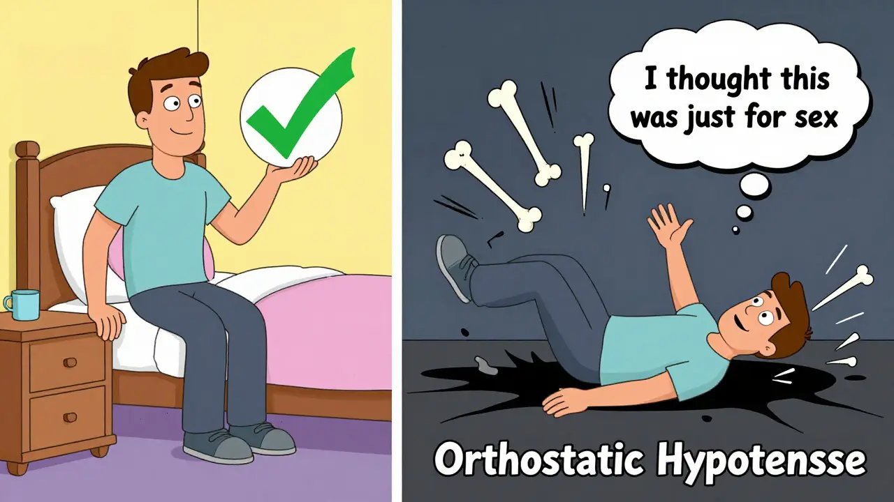 Split scene: man sitting safely vs. collapsing through floor into medical danger.