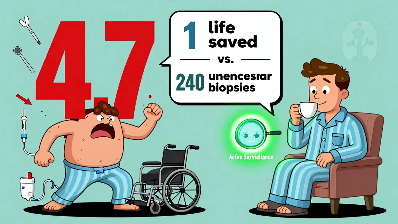 Split scene: one man terrified by a high PSA number, another calm with active surveillance — visual comparison of outcomes.