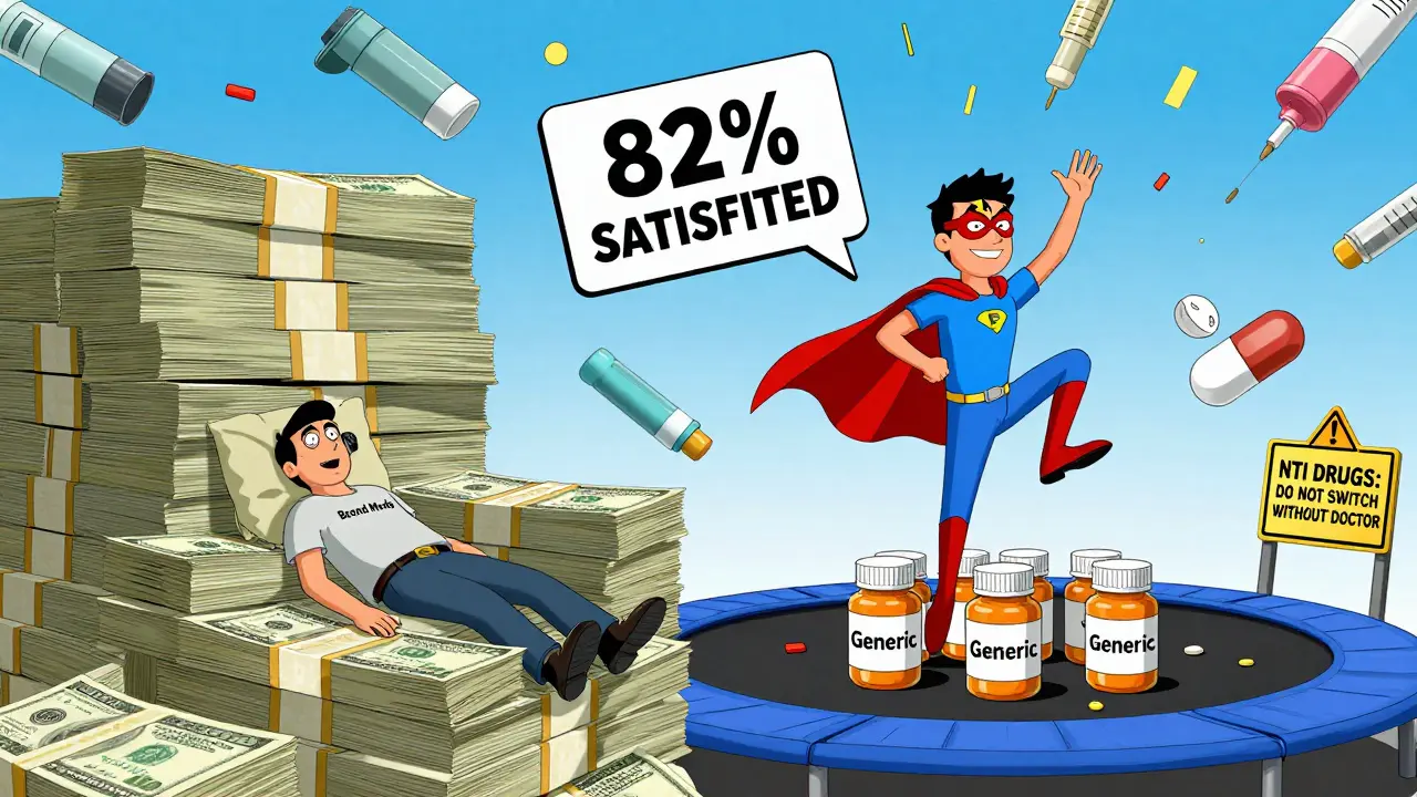 Split scene: one side shows a patient crushed by brand-name drug costs, the other dancing with generic pills.