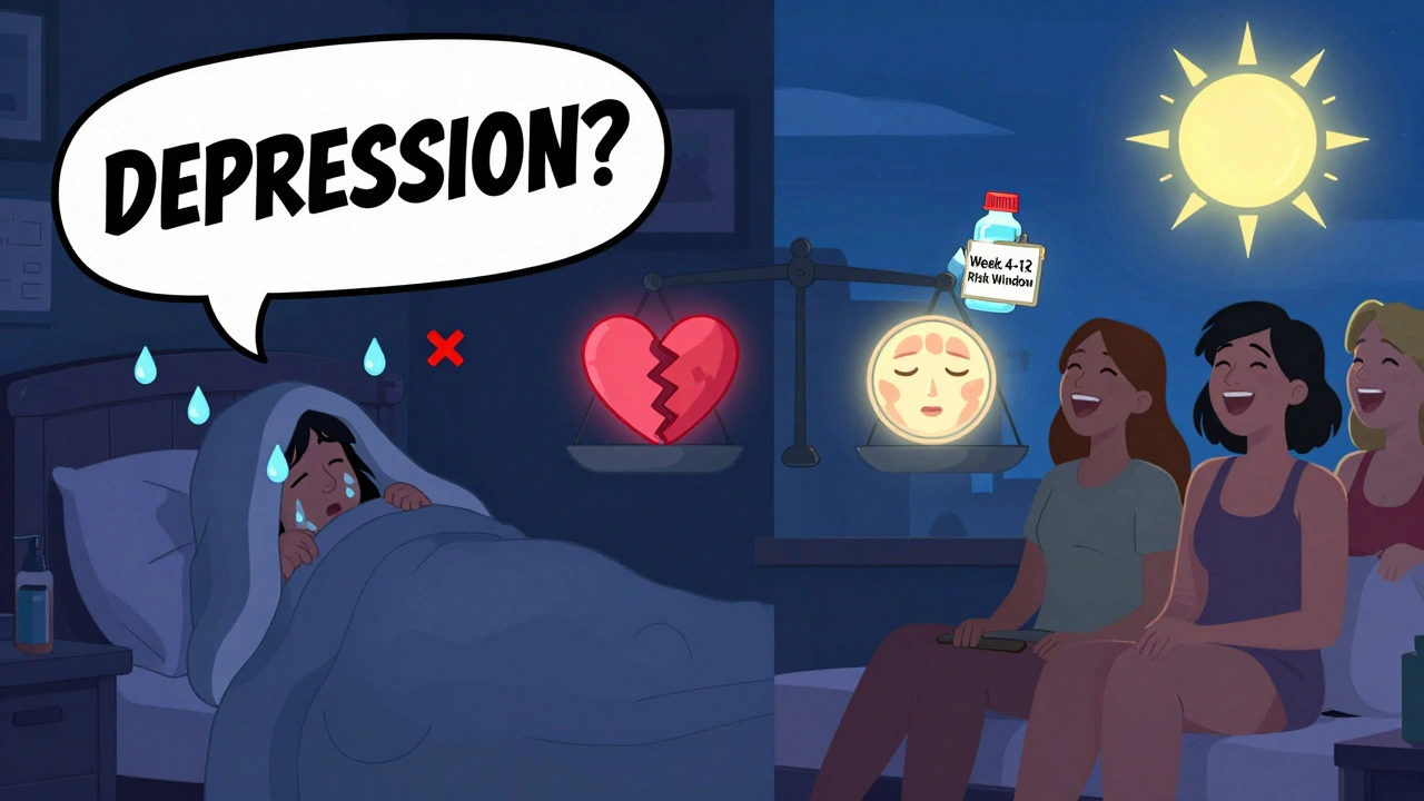 Split scene: one side shows depression with tear drops, the other shows joy with clear skin, separated by a scale between heart and skin icons.