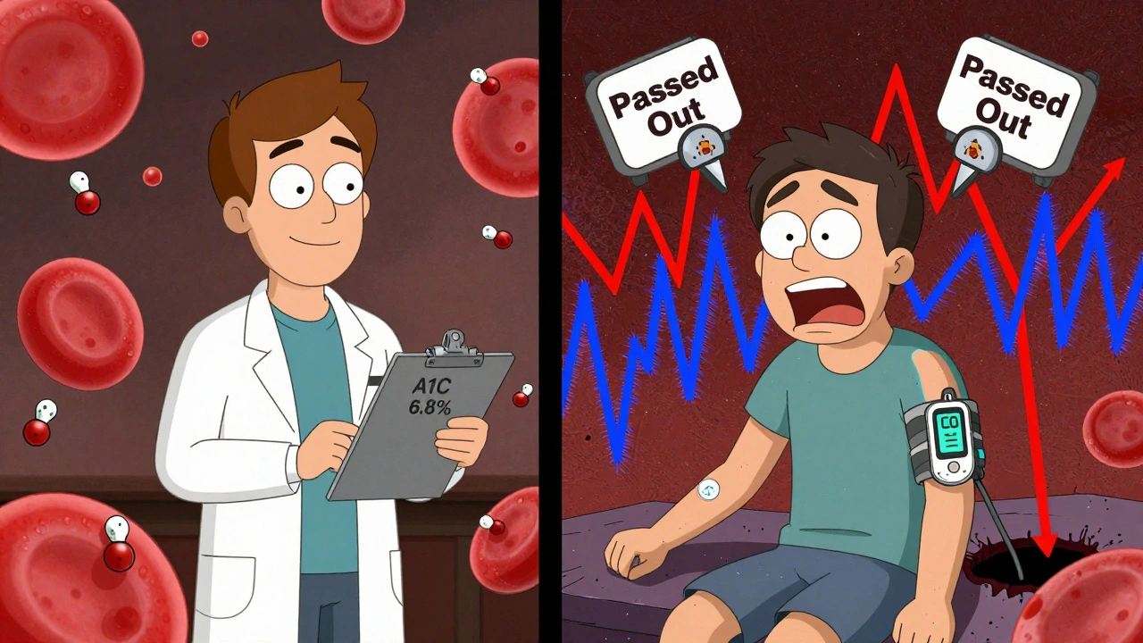Split-screen: calm doctor with A1C vs. frantic patient with chaotic CGM spikes and alarms.