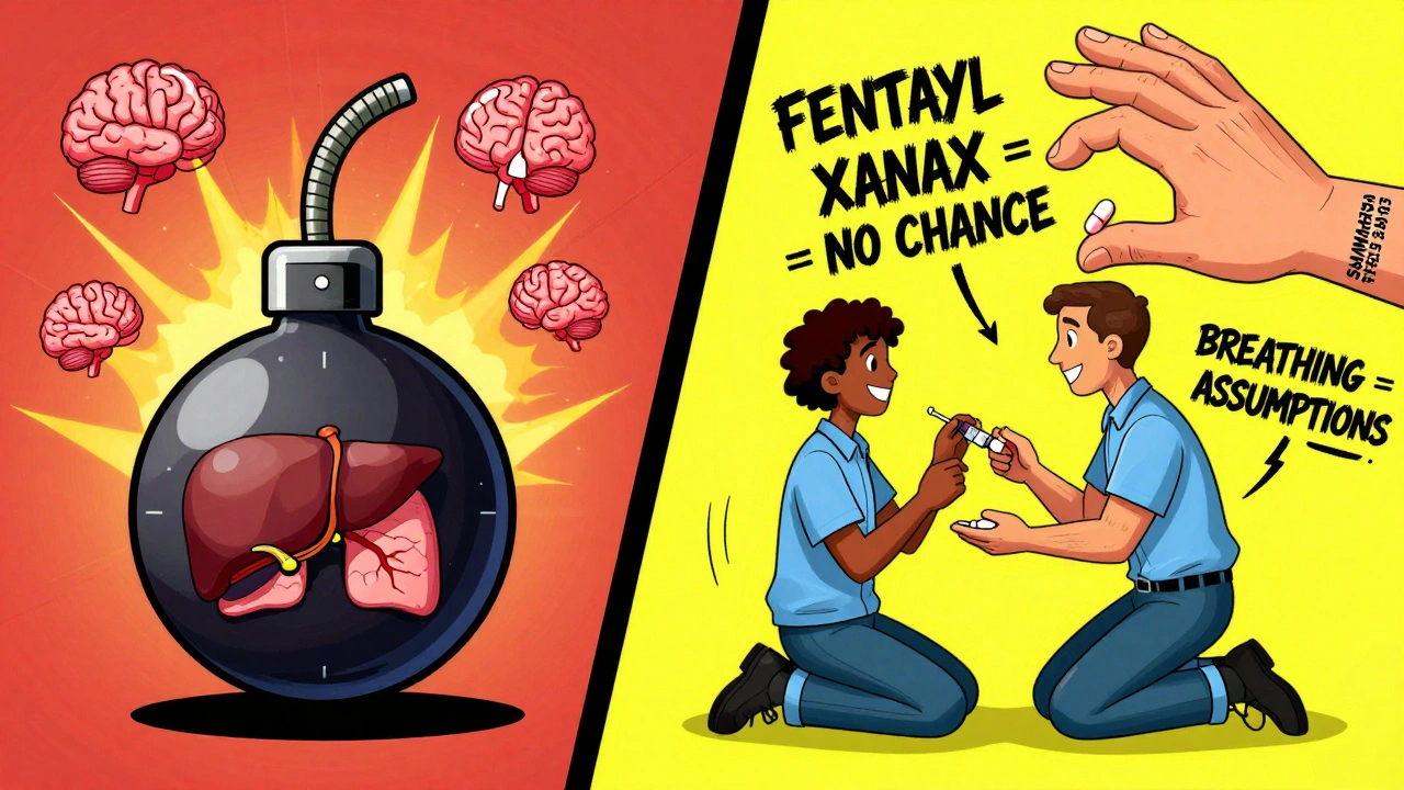 Split-screen showing drug overdose transformation vs. first responder saving life with SAMHSA steps.