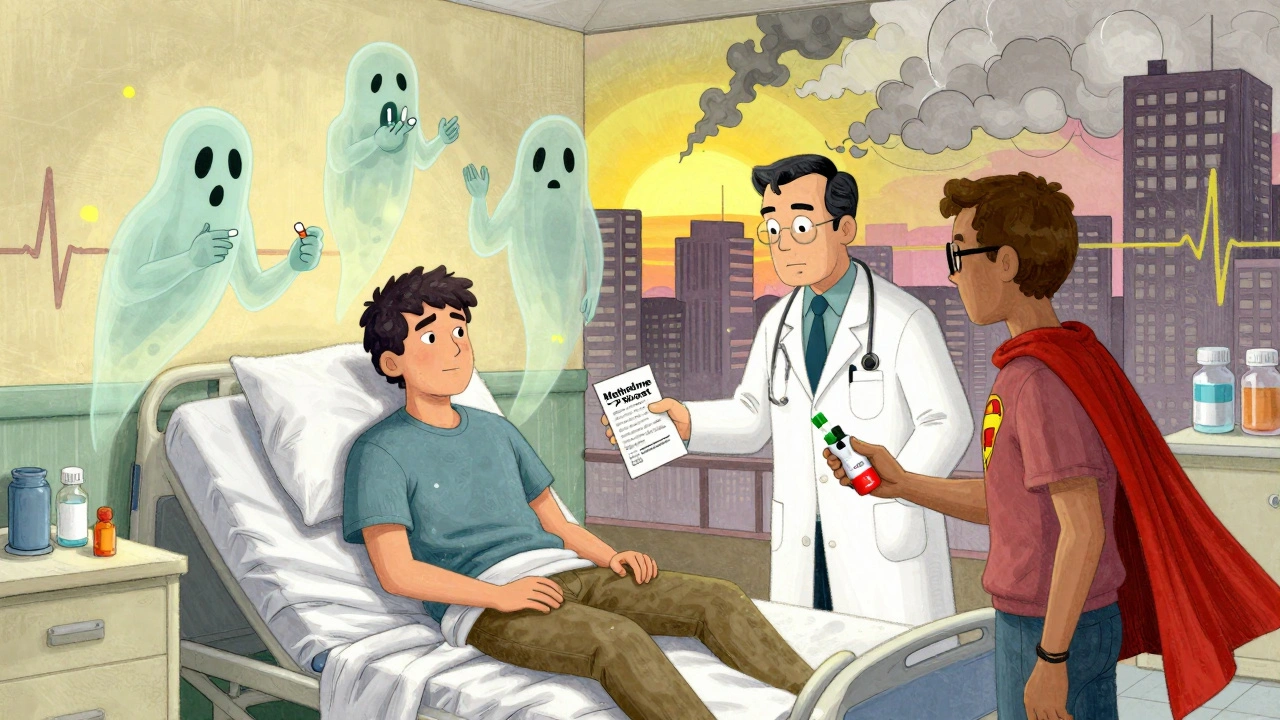 Survivor surrounded by ghostly past selves while receiving support and a naloxone kit shaped like a cape.