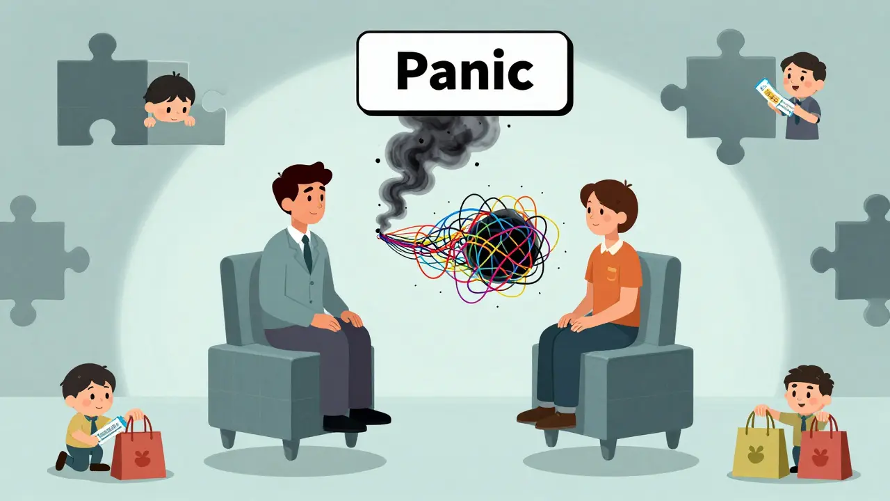 Therapist and patient untangling panic into colorful steps, past selves shrinking as confident versions grow.
