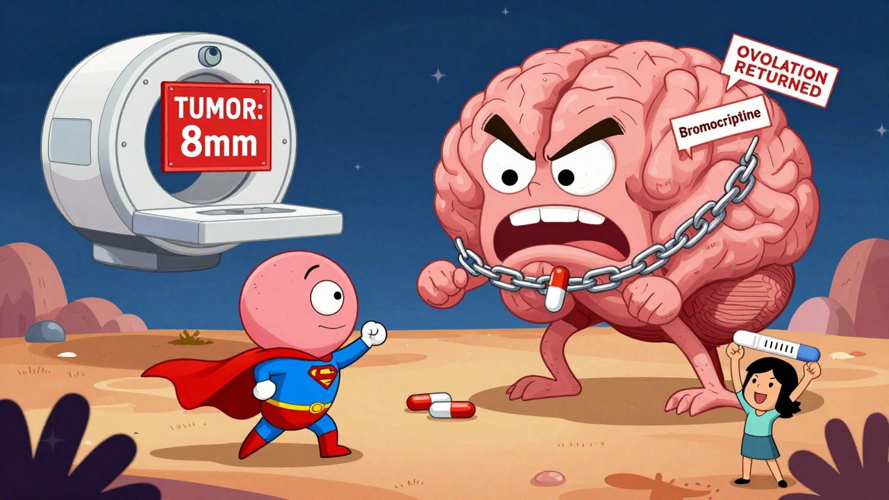 Tiny pituitary gland superhero fights dopamine monster in brain, pills chaining the monster, MRI above.