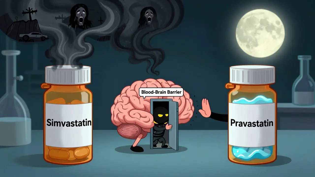 Two statin pills side by side—one causing nightmares, the other calm dreams—with a brain showing blood-brain barrier differences.