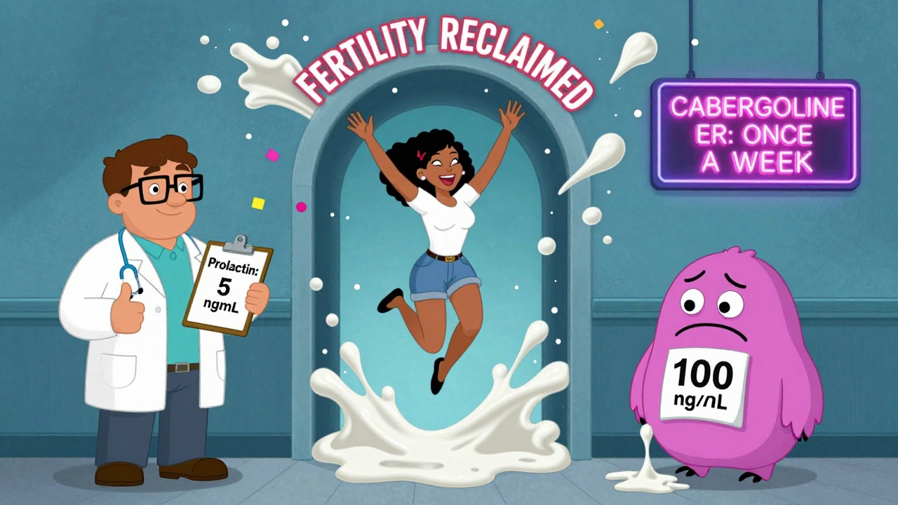 Woman leaping through fertility portal as milk turns to confetti, doctor cheers, prolactin monster melts below.