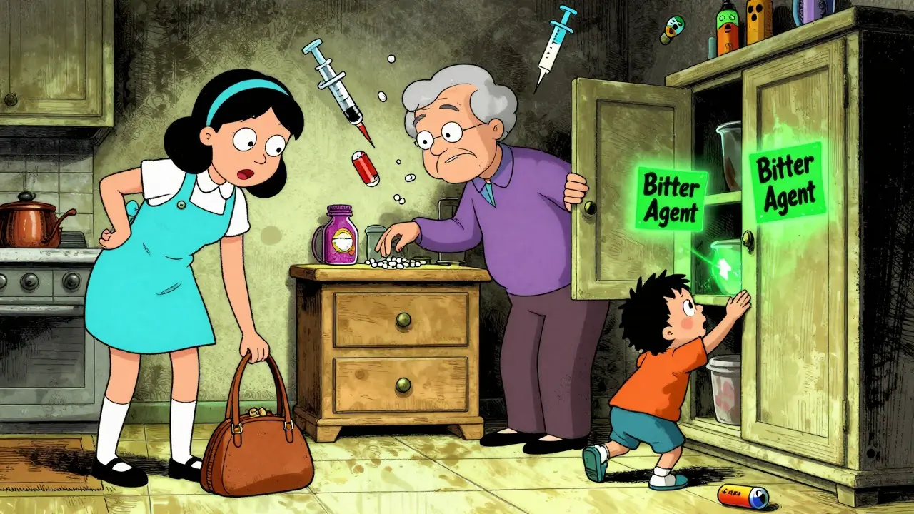 A chaotic kitchen with caregivers mishandling medicines and a child opening a cabinet, illustrated in exaggerated Adult Swim style.