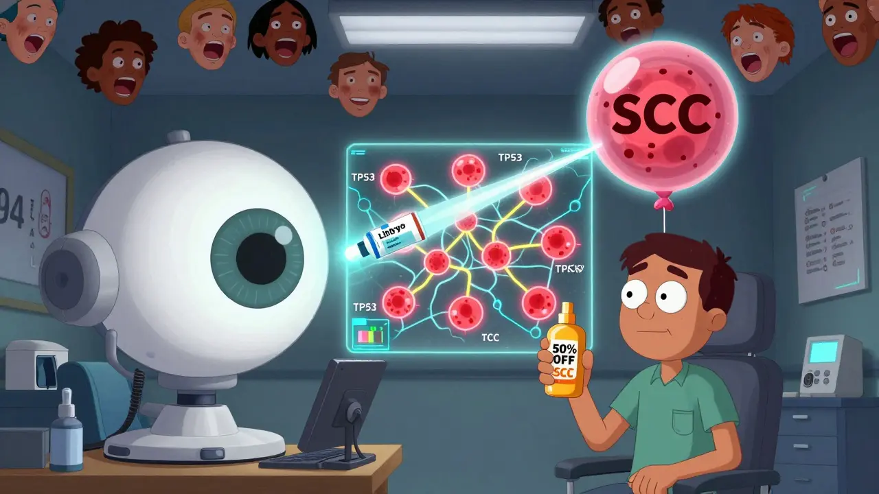 A dermatologist’s office with AI eye scanning skin, genetic markers glowing, and immunotherapy neutralizing a tumor.