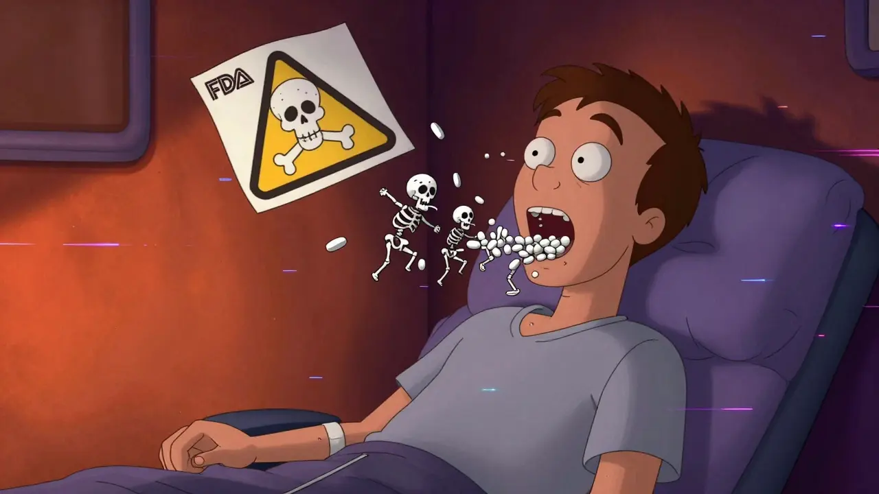 A dialysis patient swallowing aluminum pills that turn into skeletons, with a glowing FDA warning label above.