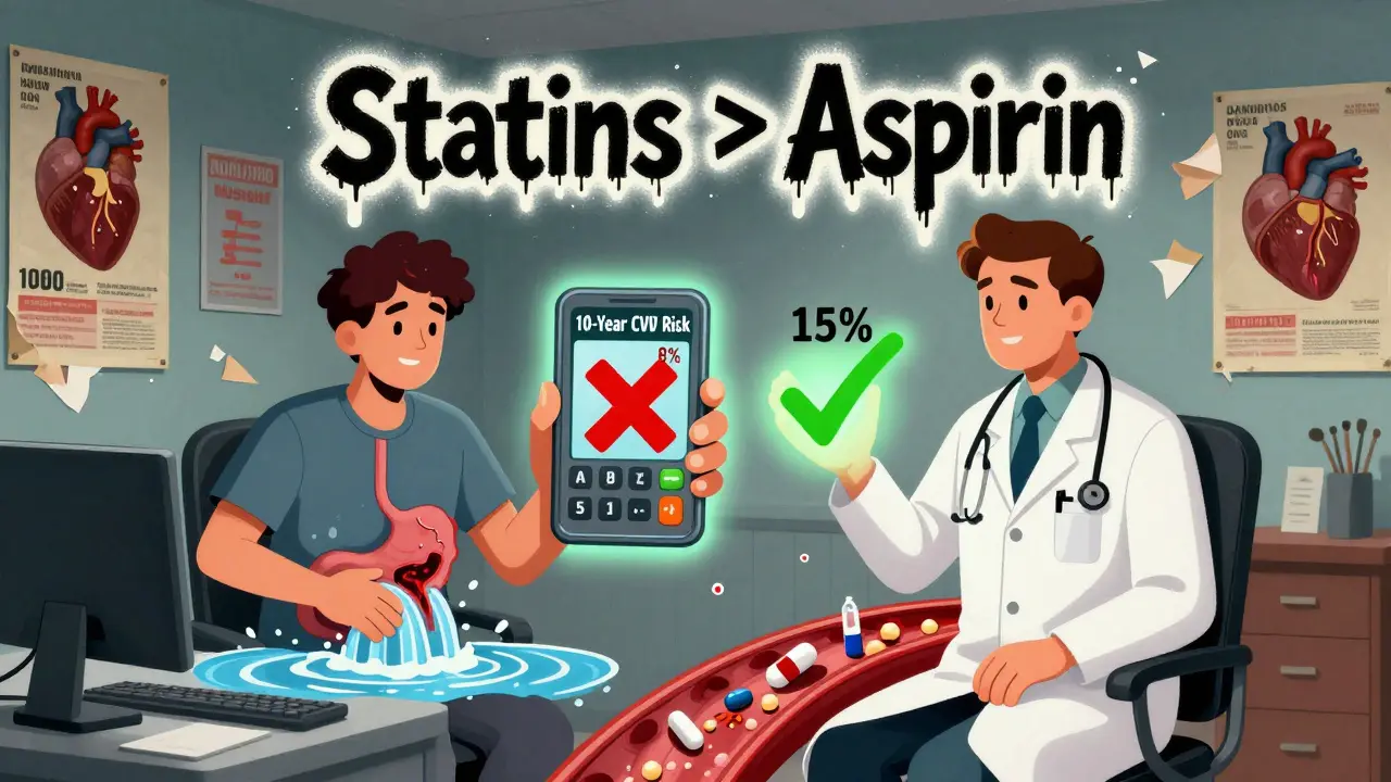 A doctor's office with contrasting risk scores and bleeding vs. heart benefit visuals.