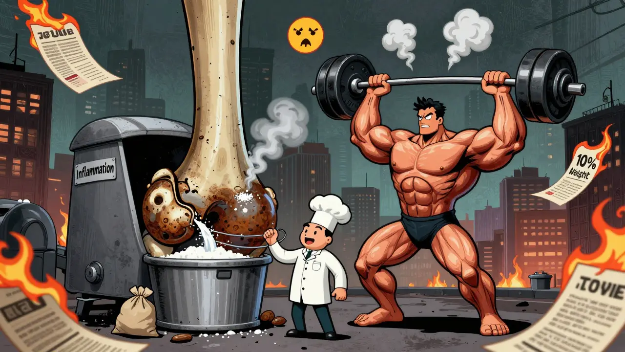 A giant hip joint is cleaned of inflammation as muscles lift weights, surreal cartoon illustration.
