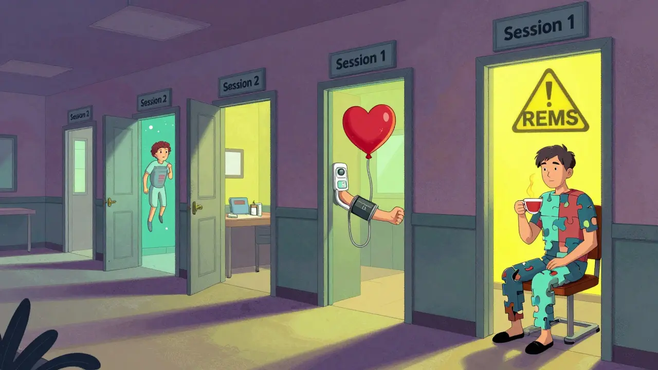 A hallway of surreal clinic sessions showing dissociation, rising blood pressure, and shifting body forms.