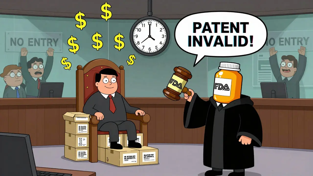 A judge declares a patent invalid as a generic company sits on a pill-box throne with a ticking exclusivity clock.