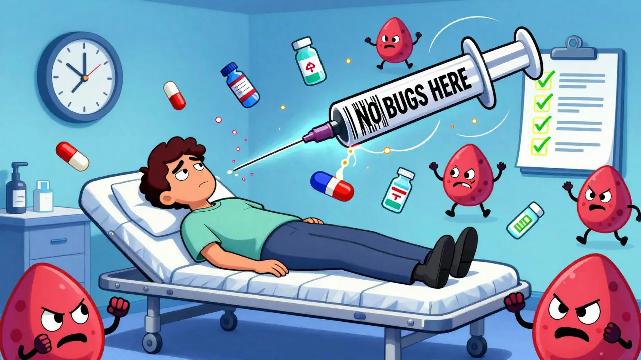 A lumbar puncture syringe extracts CSF that becomes a 'NO BUGS HERE' barcode, with angry white blood cells rejecting medical icons.