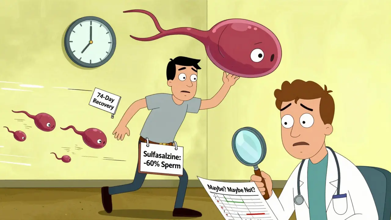A man with a giant sperm cell above his head, surrounded by fleeing sperm and a 'Sulfasalazine' sign, in a distorted medical scene.