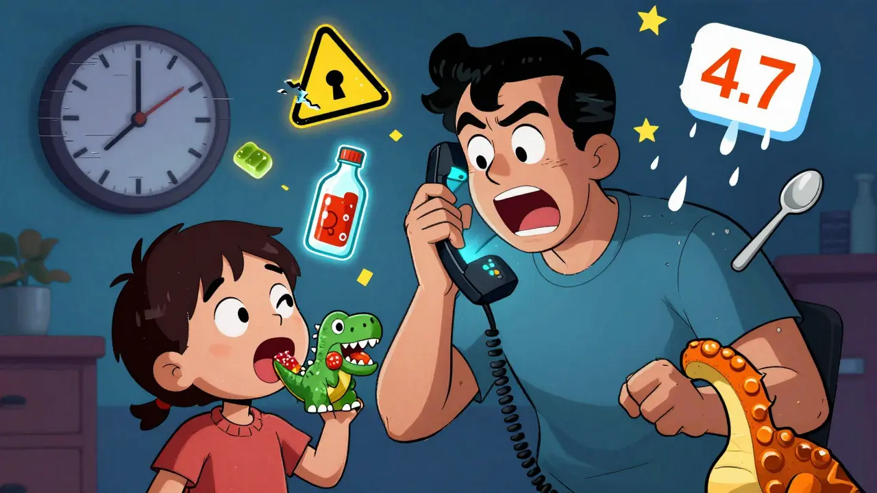 A parent calling Poison Control as a child eats a gummy edible, with floating safety warnings and glitchy cartoon effects.