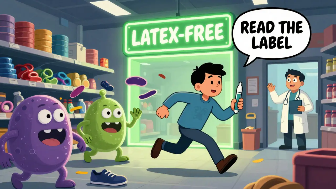 A person fleeing cartoon latex monsters in a grocery store, heading toward a glowing 'LATEX-FREE' exit sign.