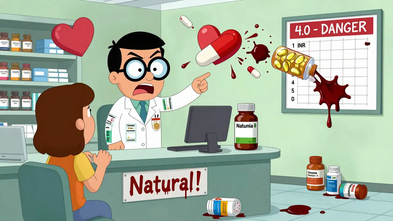 A pharmacist points at a customer holding ginkgo biloba as warfarin turns into a bleeding heart and vitamin E explodes into bruises.