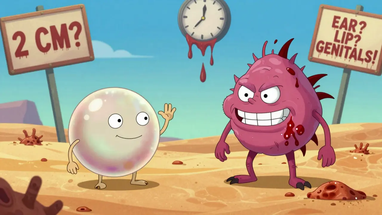 A sleepy pearl-shaped BCC fighting a spiky, bleeding SCC in a sunburned desert landscape.