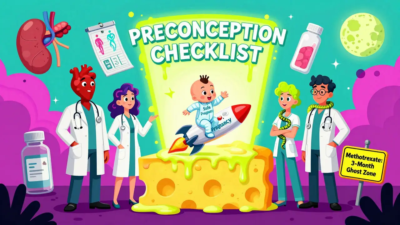 A team of quirky doctors around a melting checklist, a baby on a rocket of test tubes, and floating organs under a pill-shaped moon.