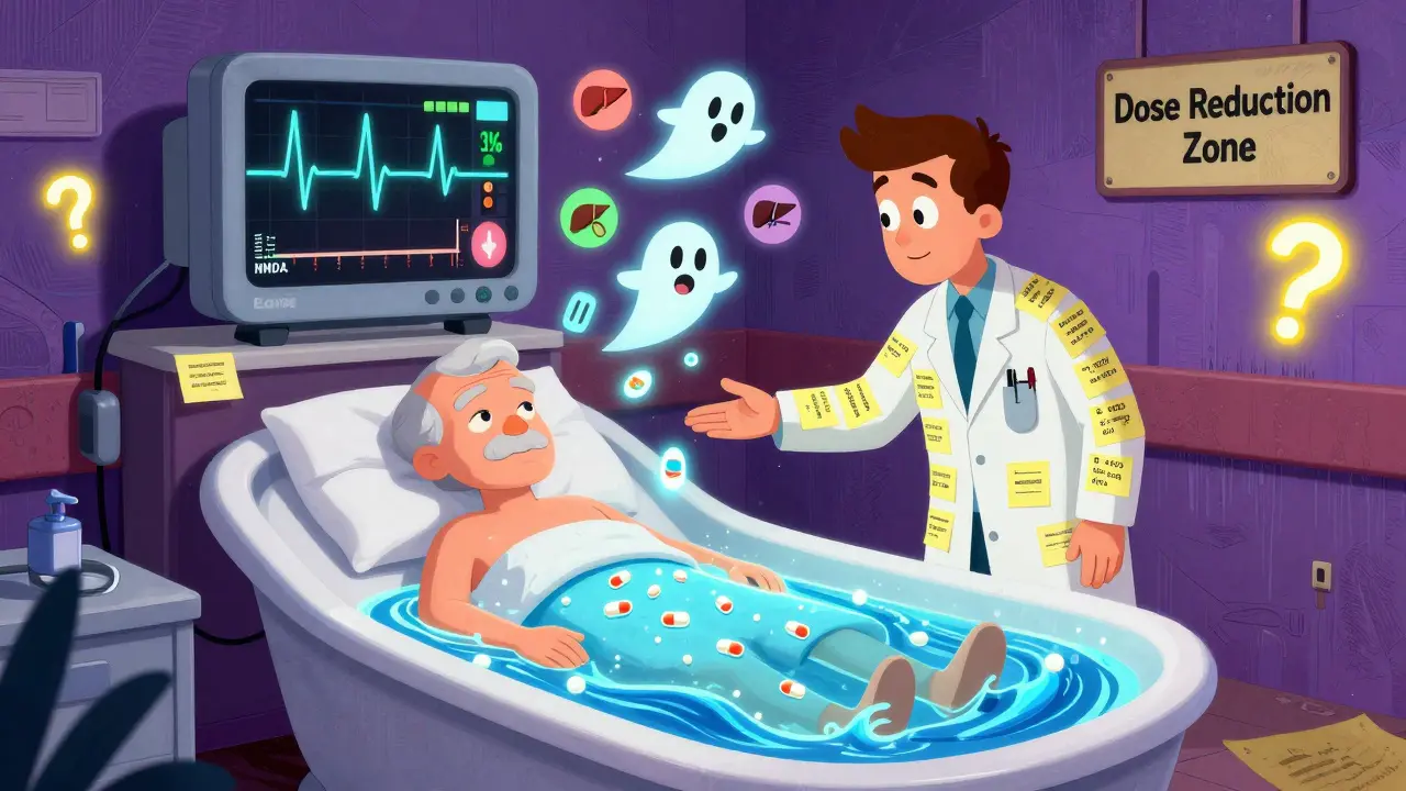 An elderly patient relaxes in a bath of dissolving methadone pills as medical icons float above in a warped hospital room.