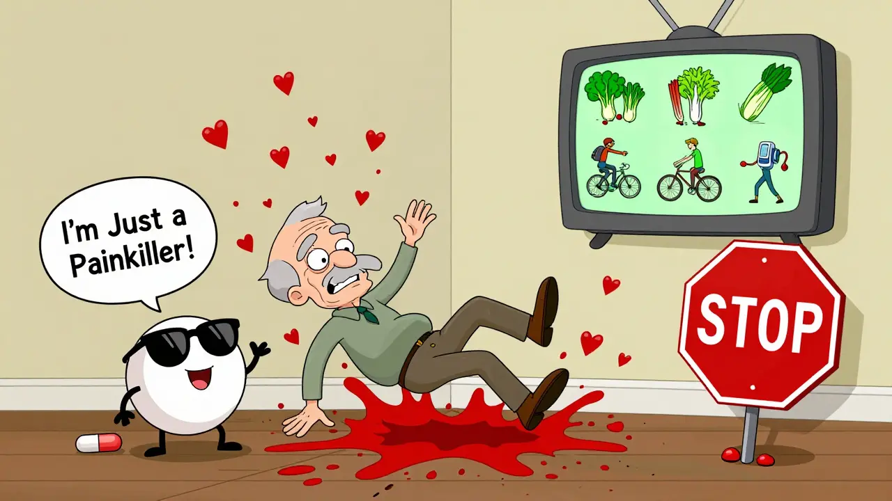 An elderly person falling into a shower of blood heart icons while an aspirin pill jokes nearby.