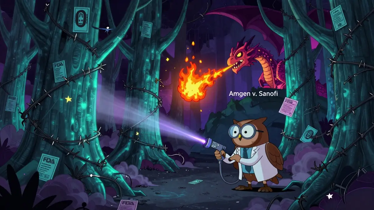 An owl scientist hacks through a forest of glowing patents with an IPR laser, while a biologic dragon breathes fire in the background.