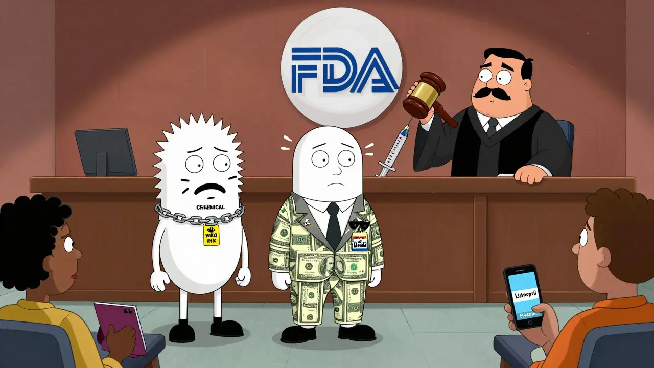 Anthropomorphic drug names on trial in a courtroom, with FDA judge and confused patients, Adult Swim style.