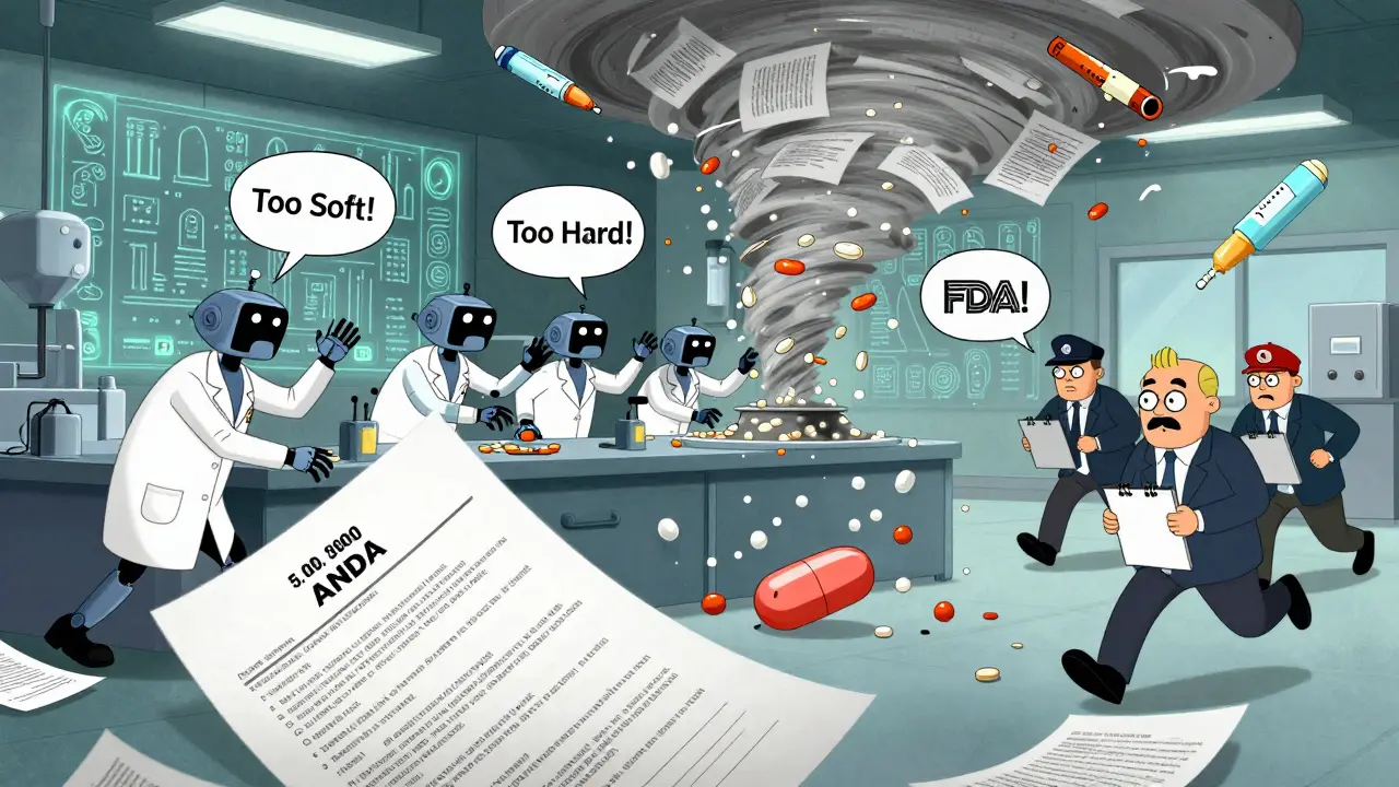 Chaotic drug factory with runaway pills and massive paperwork tornado