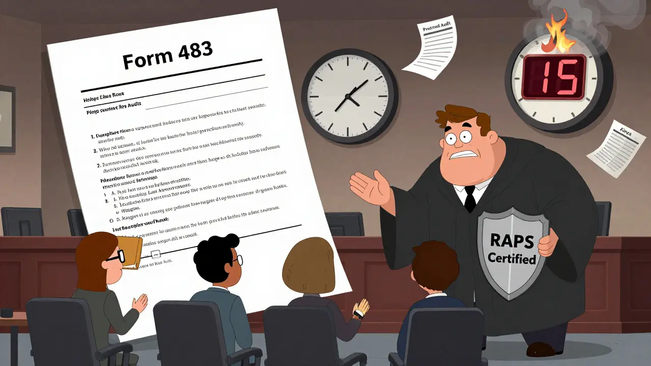 Courtroom scene with a giant Form 483 monster and executives arguing, one hiding behind a protected audit folder.