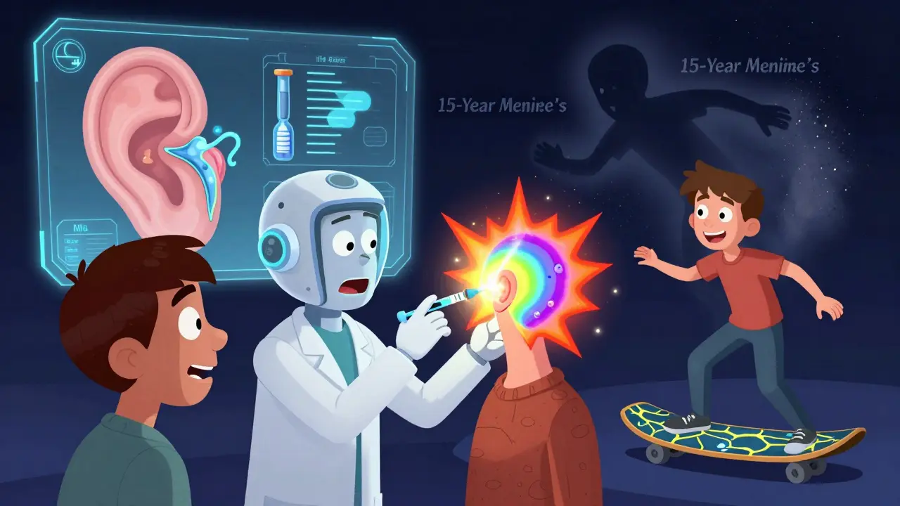 Doctor injecting glowing antibody into ear, inflammatory cells shutting down, healthy ear hologram glowing.