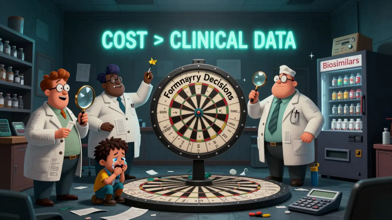 Eccentric doctors and pharmacists spin a wheel to decide drug coverage, surrounded by financial chaos.