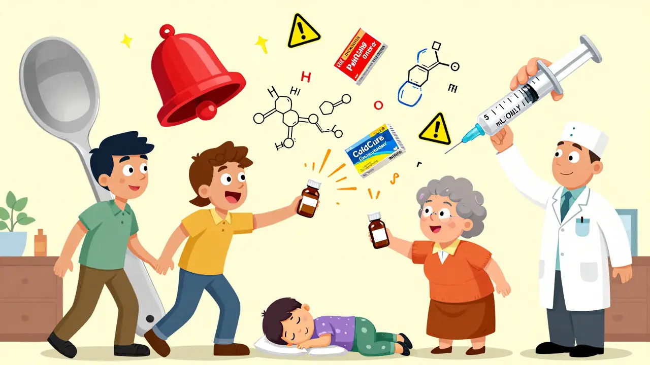 Family arguing over liquid medicine with giant kitchen spoon, pharmacist introducing dosing syringe.